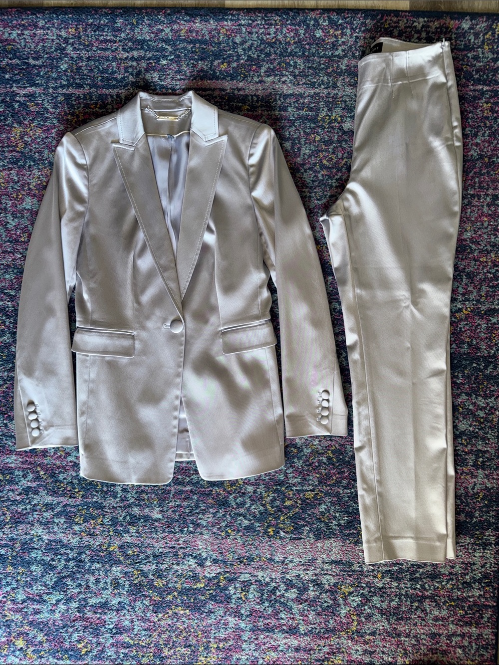 White House Black Market Silver Satin Blazer with Matching Pants